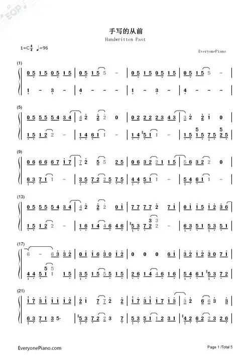 手写的从前-周杰伦双手简谱预览1-钢琴谱文件(五线谱,双手简谱,数字谱